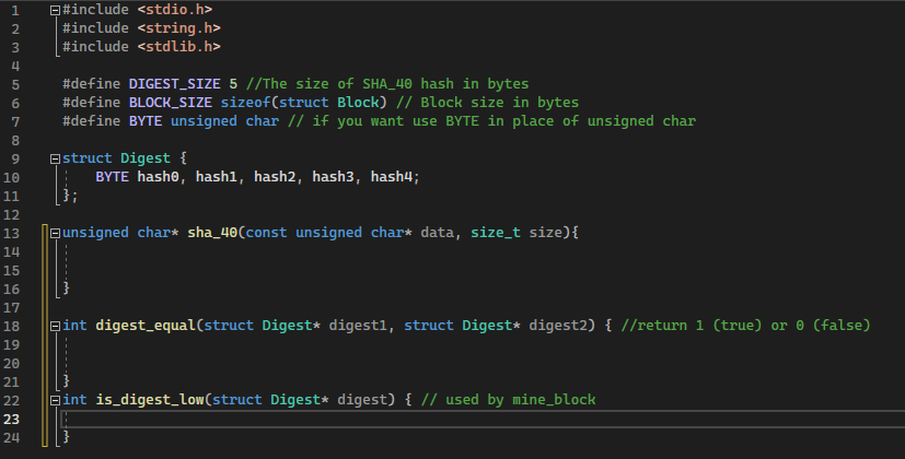 Create a file named hash.c and write the following functions: - SHA_40,