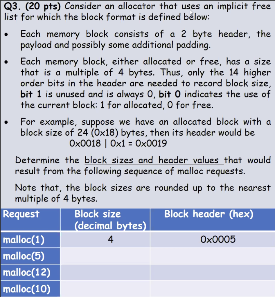 Q3. (20 pts) Consider an allocator that uses an implicit free