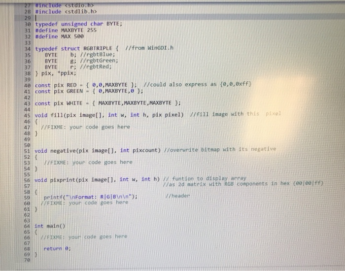 This program uses the 24-bit RGB color pix (pixel) struct native to