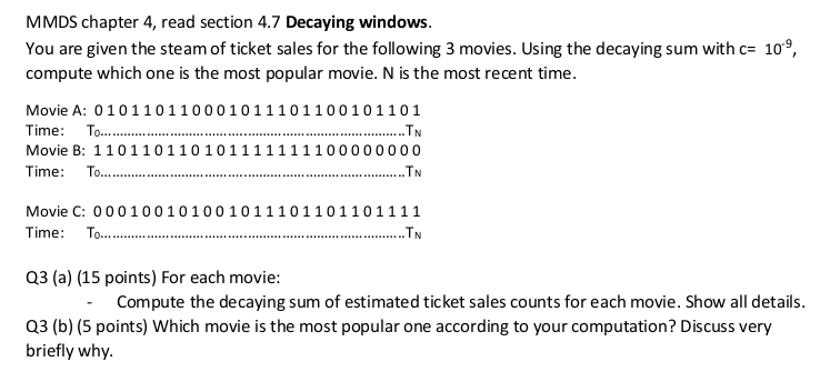 MMDS chapter 4, read section 4.7 Decaying windows. You are given