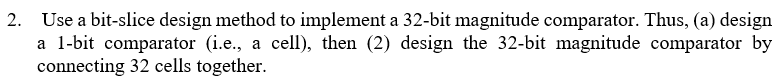  Use a bit-slice design method to implement a 32-bit magnitude comparator.