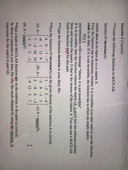  Please help need done in matlab Create the following functions in