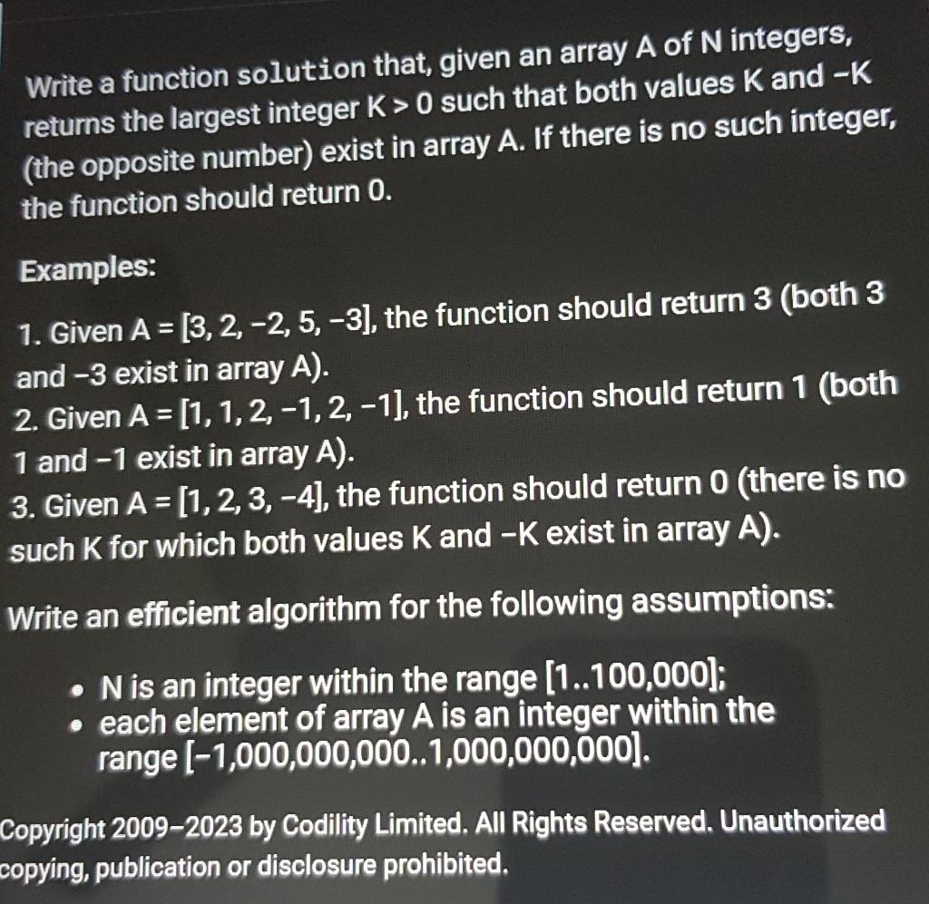 URGENT PLEASE Write a function solution that, given an array A of