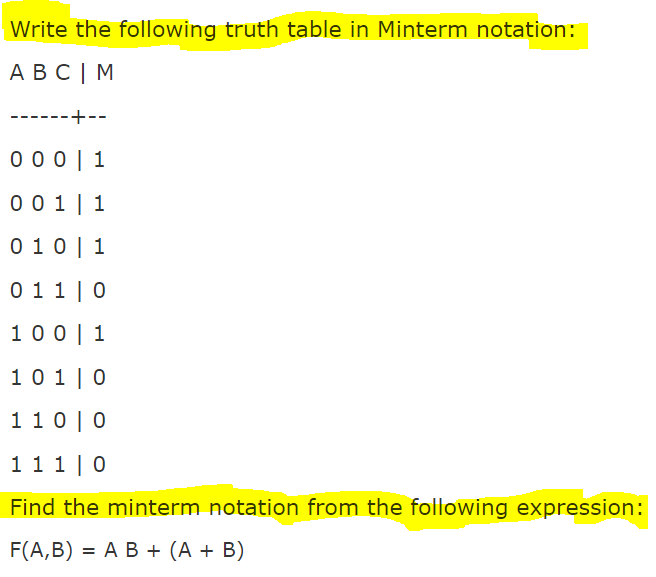 Write the following truth table in Minterm notation: Write the following truth