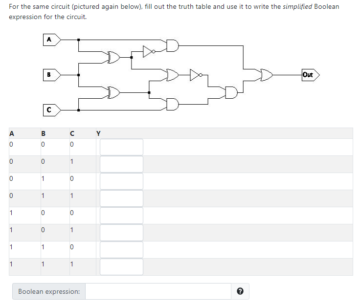For the same circuit (pictured again below), fill out the truth