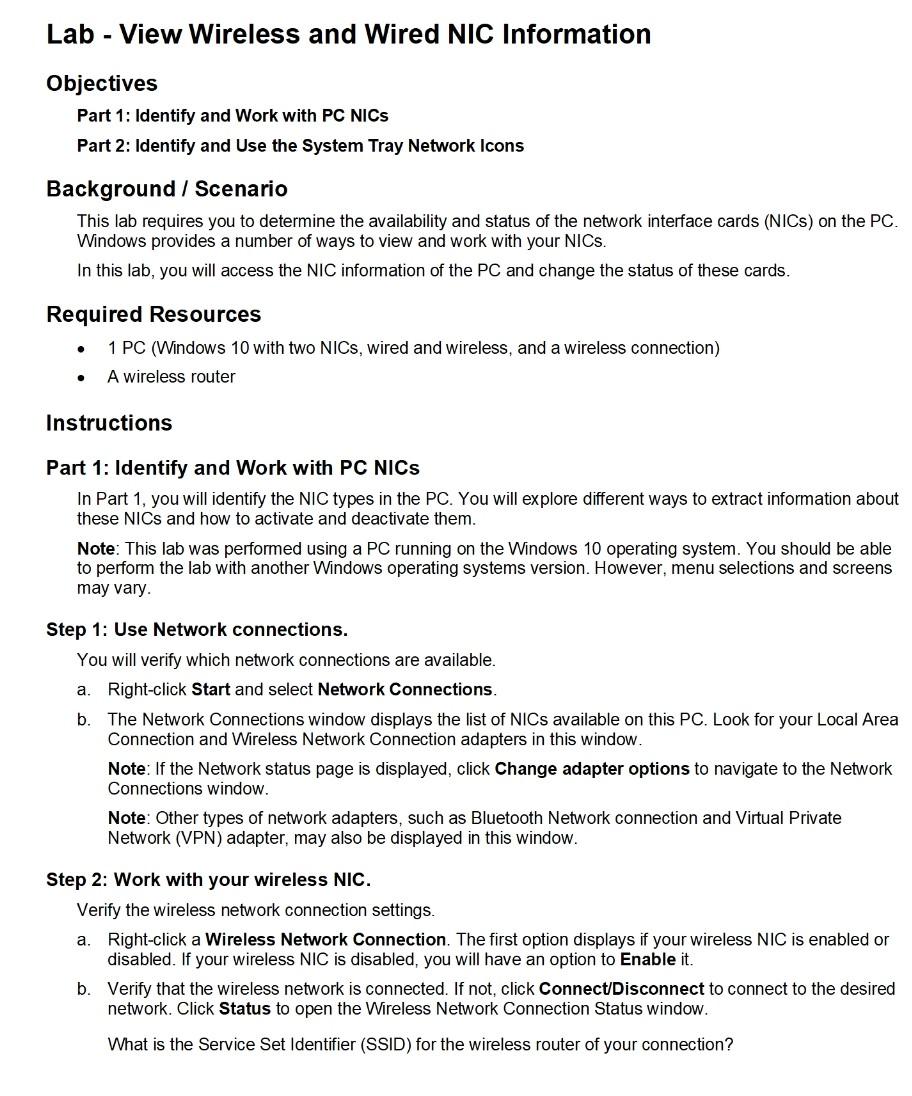  Lab - View Wireless and Wired NIC Information Objectives Part 1: