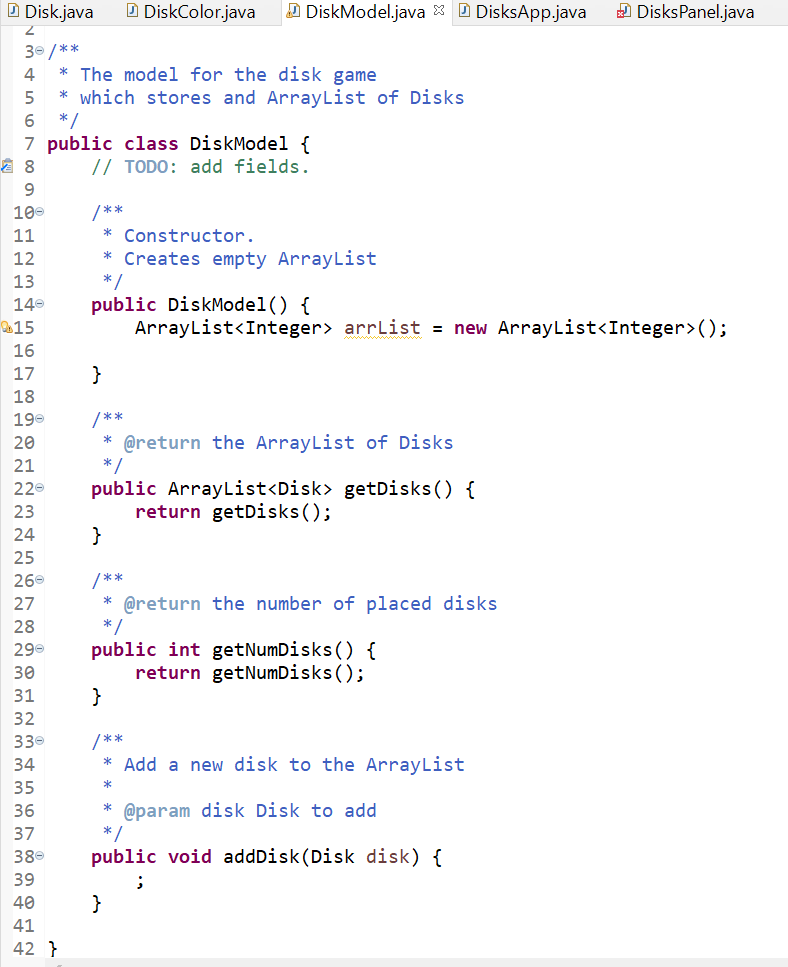 An instance of the DiskModel class represents the ArrayList of Disk