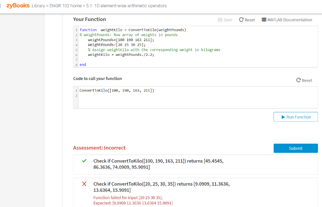 Element-wise division: Convert pounds to kilograms Assign row array weightKilo with the