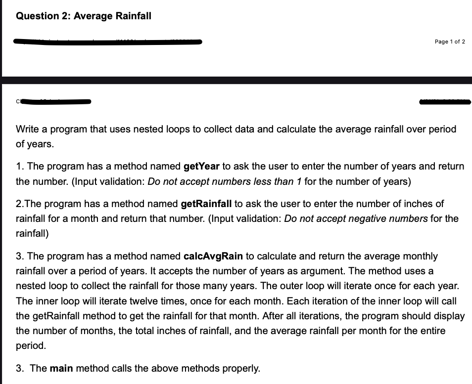  In Java Program, Thank you. :) Question 2: Average Rainfall Page
