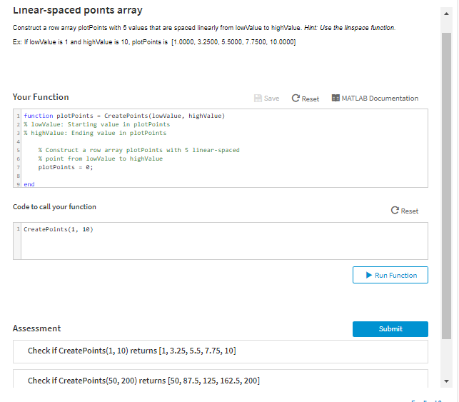 Linear-spaced points array Construct a row array plotPoints with 5 values