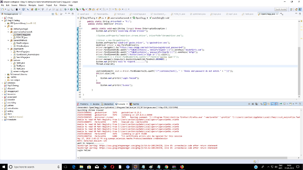 The mention program is Chegg login by using Java and Selenium. This