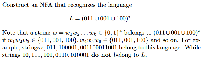  Construct an NFA that recognizes the language L = (011 union