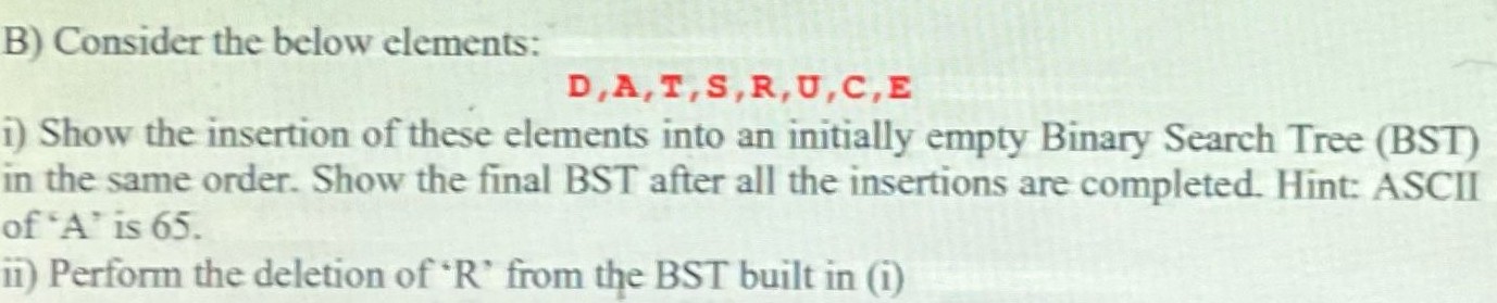  B) Consider the below elements: D, A, T, S, R, U,