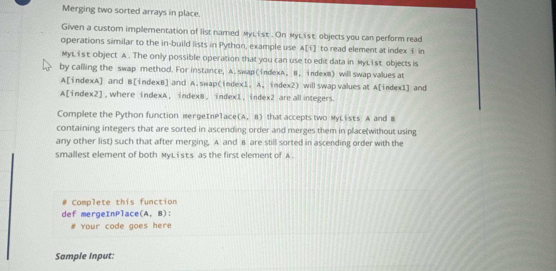  By python programming Merging two sorted arrays in place. Given a