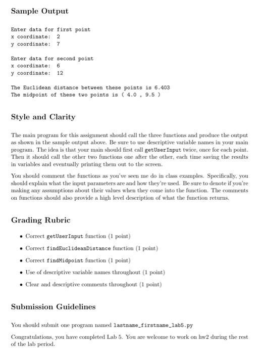 calculates the distance and the midpoint for two given points in the