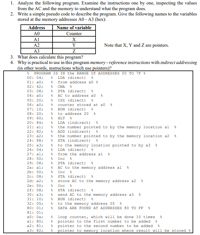 1. Analyze the following program. Examine the instructions one by one,
