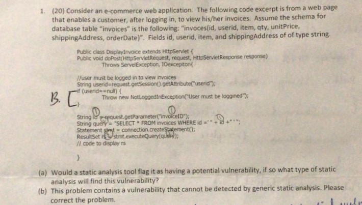  1. (20) Consider an e-commerce web application. The following code excerpt