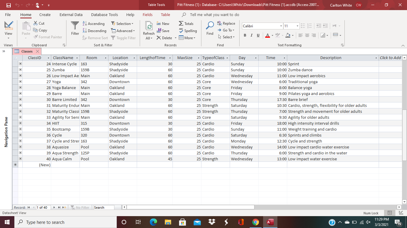 room, location, day, and time for all classes. Write the SQL code
