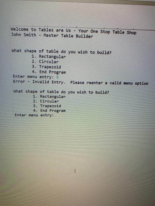 method to dispay a menu of the shapes of the table. The