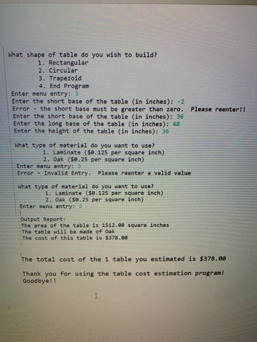 menu should display Rectangular, Circular, Trapezoid and End Program The method must