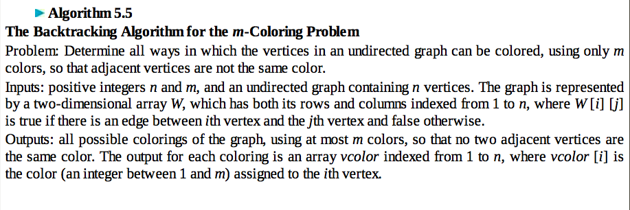 (Algorithm 5.5) to find all possible colorings of the graph below using