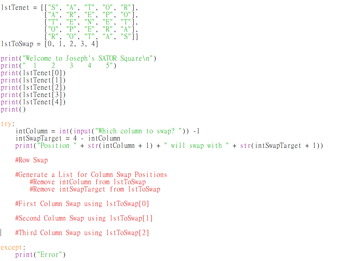 create a program which the user could swap both rows and columns