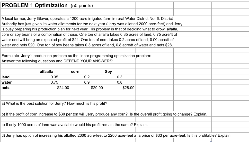  PROBLEM 1 Optimization (50 points) A local farmer, Jerry Glover, operates