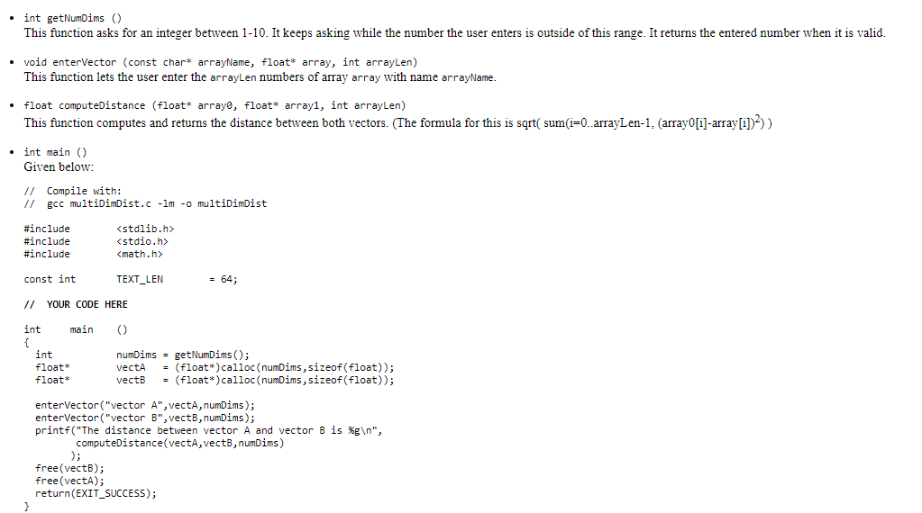 need help with getNumDims() C language .int getNumDims() This function asks for