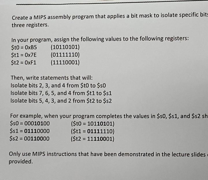  Create a MIPS assembly program that applies a bit mask to