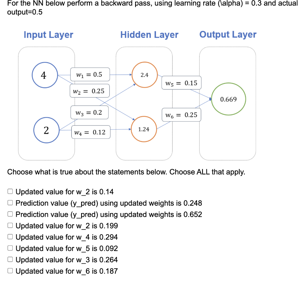  For the NN below perform a backward pass, using learning rate