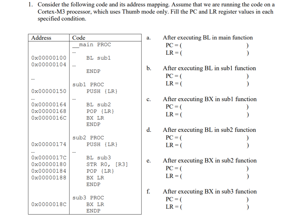 1. Consider the following code and its address mapping. Assume that