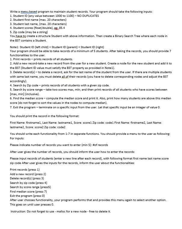 C Programming: Write a menu hased program to maintain student records. Your