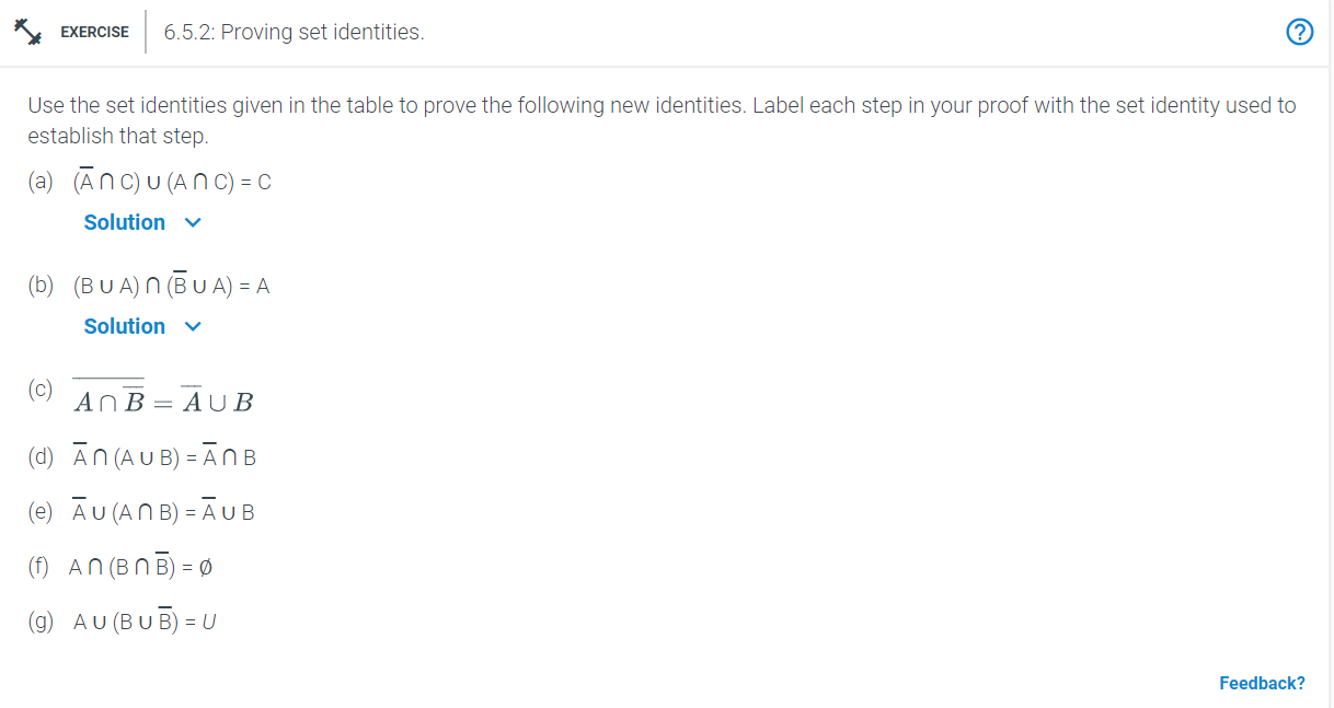 C only. Use the set identities given in the table to prove