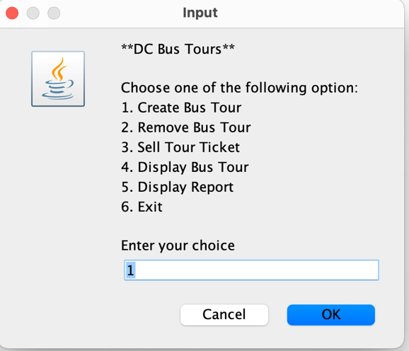 NEED JAVA CODE JOPTION PANE ONLY. CHECK EXPECTED DC Bus Tours has