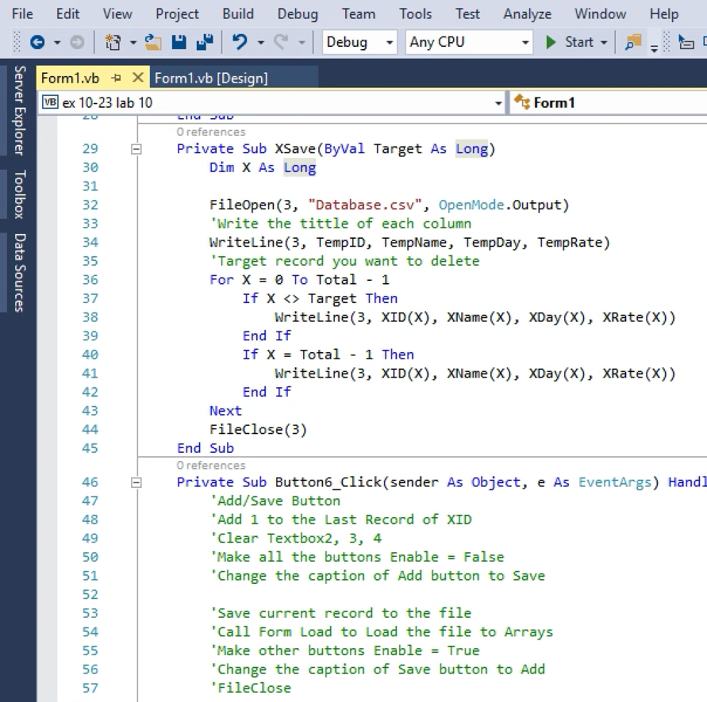 Delete and Find ID buttons, below is the code I have so