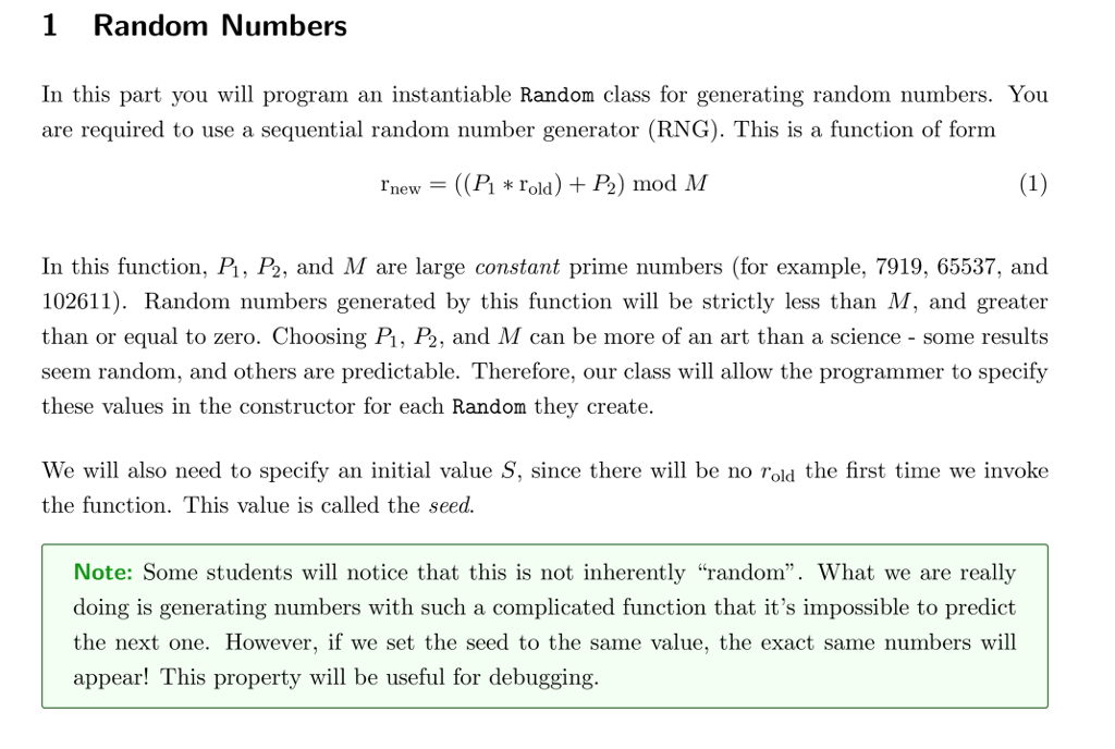 1 Random Numbers In this part you will program an instantiable