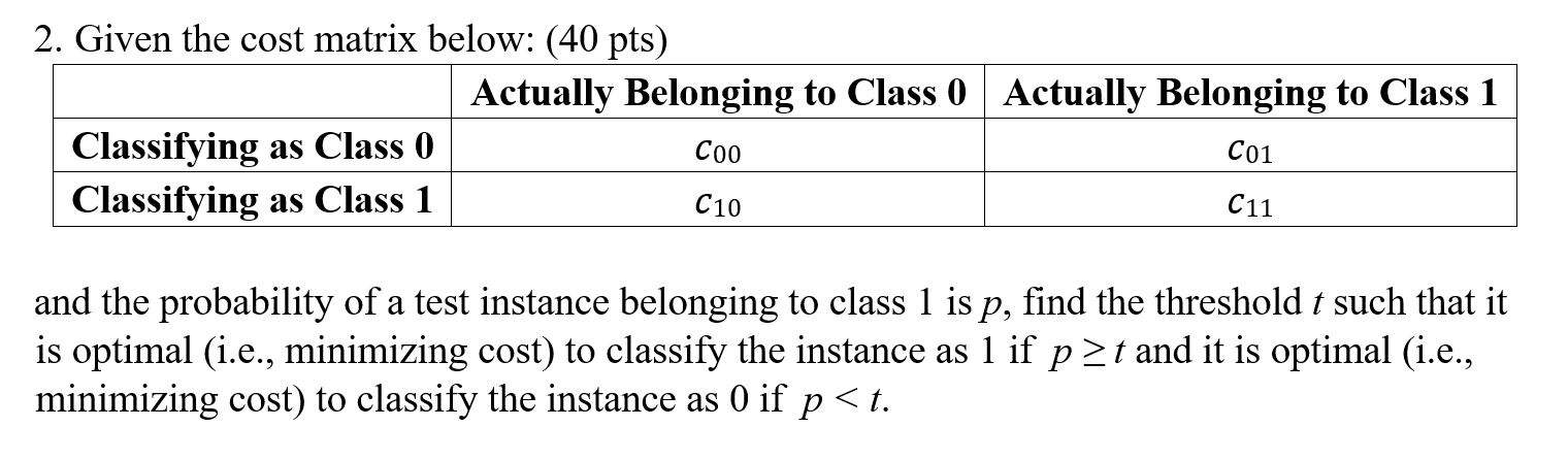  Given the cost matrix below: (40 pts) and the probability of