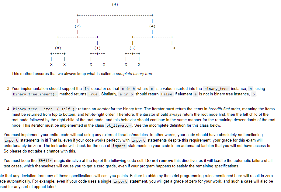 following APIs: 1. binary_tree() creates and returns an empty binary tree. Each