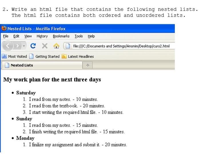  2. Write an html file that contains the following nested lists.