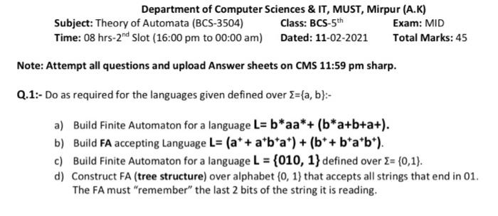  Do as required for the languages given defined over ={a, b}:-