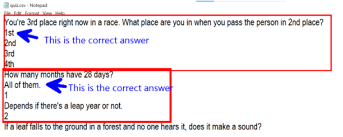 Create a quiz program using all the questions and answers provided below