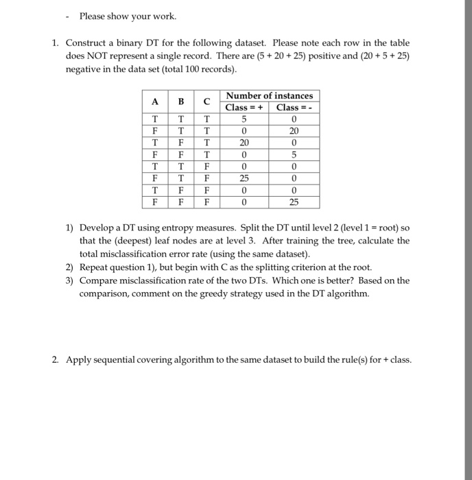  Please show your work. 1. Construct a binary DT for the