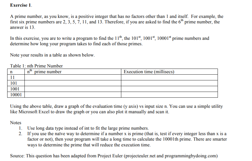  Please use java to finish this, thx!!! Exercise 1. A prime