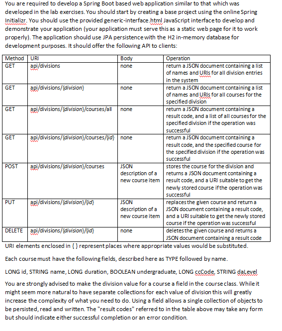  Advanced Programming Coursework Assignment You are required to build a Spring