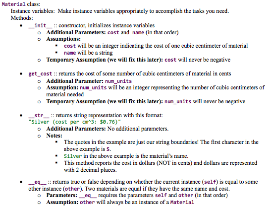 Python3 Code Help Please!!! Test Cases: Material class: Instance variables: Make instance
