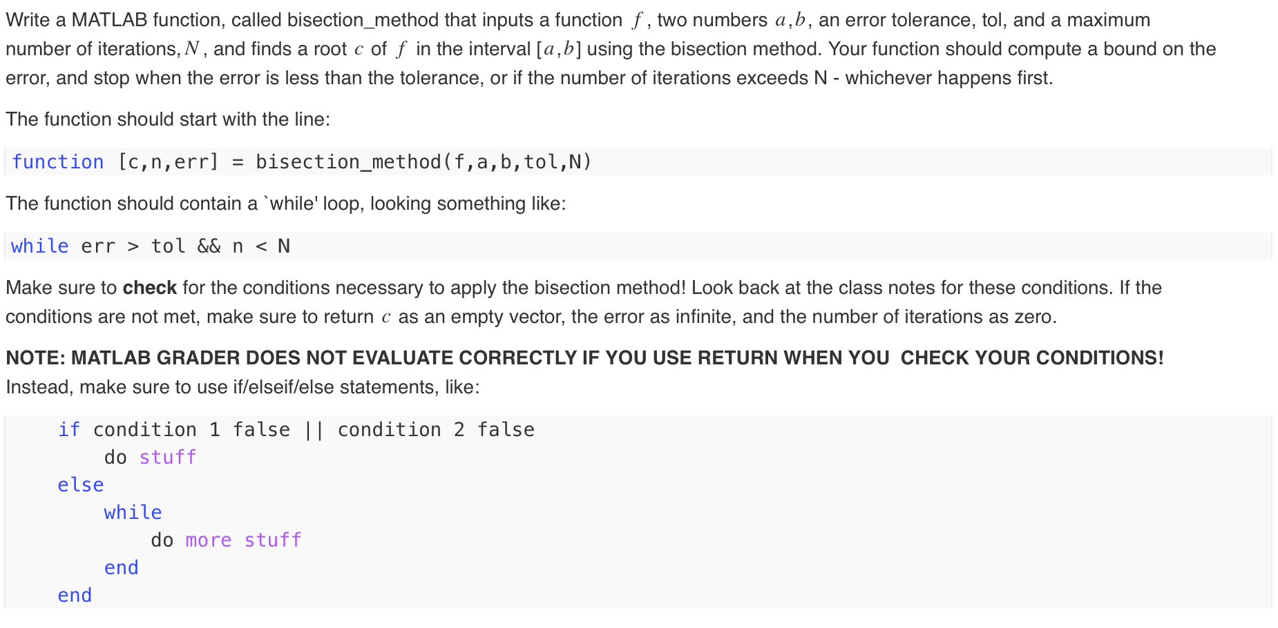 Help with Matlab code, must use conditions above and while and if