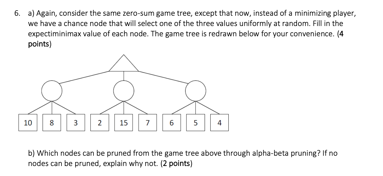 6. a) Again, consider the same zero-sum game tree, except that