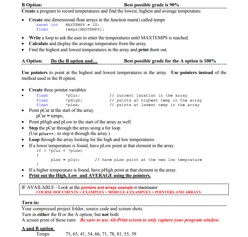 C++ Coding/Pointers - #9 B Option Create a program to record temperatures