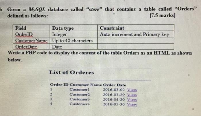  b. Given a MySQL database called store that contains a table