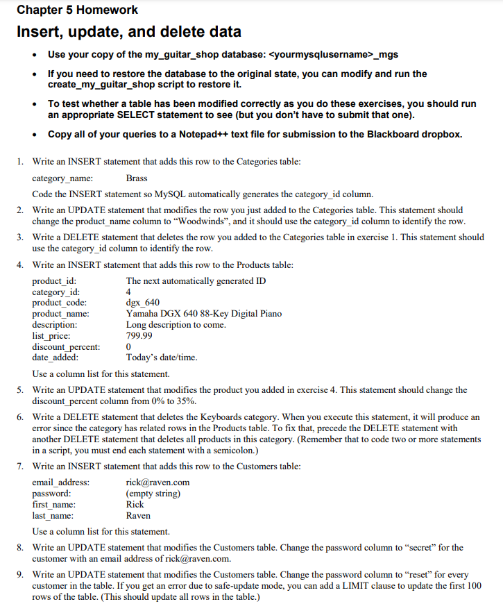 \ -- Chapter 5 Homework Insert, update, and delete data Use your